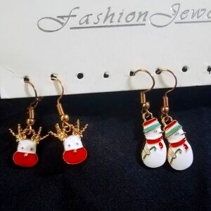 Snowman & Raindeer Enameled Dangle Earrings Set